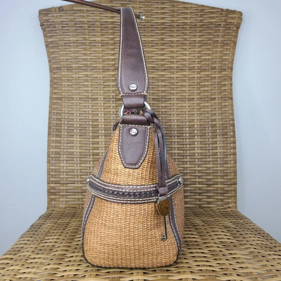 Fossil Bag Satchel Tan Straw Material Brown Leather Shoulder Strap Key Charm - Picture 6 of 16